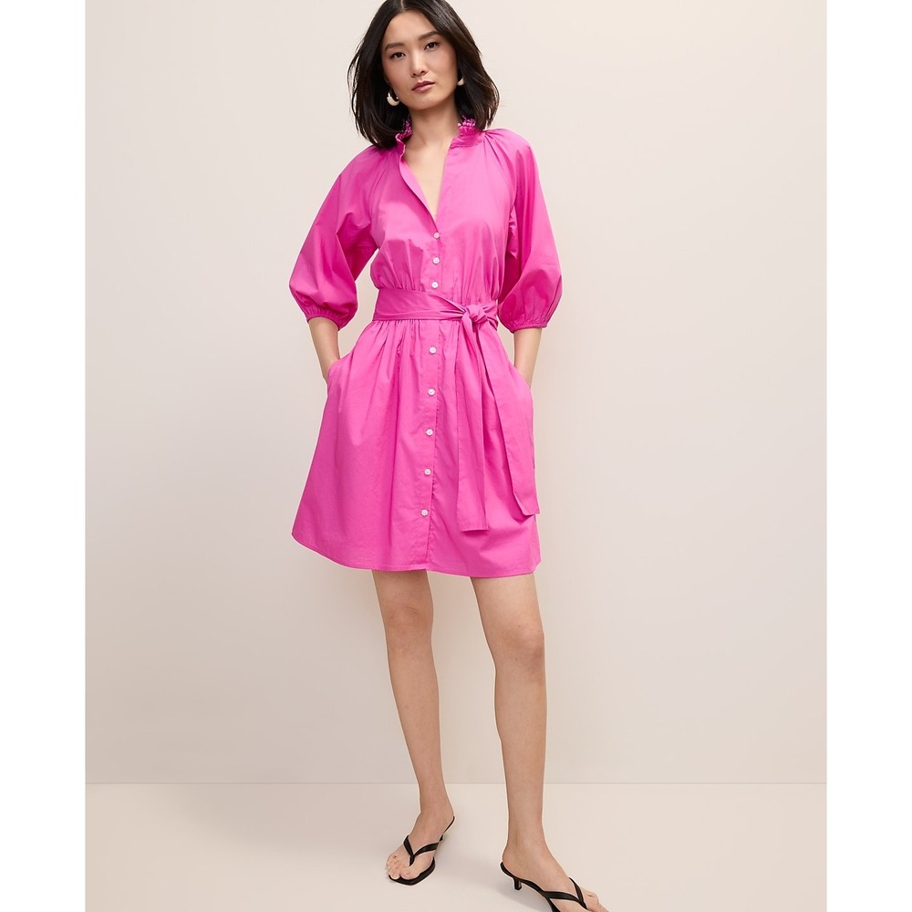 Ann Taylor Shirt Dress Womens 12 Pink Excellent Pom Ruffle Puff Sleeve Belted